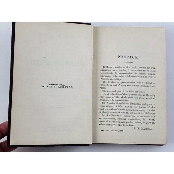 Hand Book of Spanish Conversation by L F Mantilla 1876 - Antique Book Lockwood - Picture 3 of 12